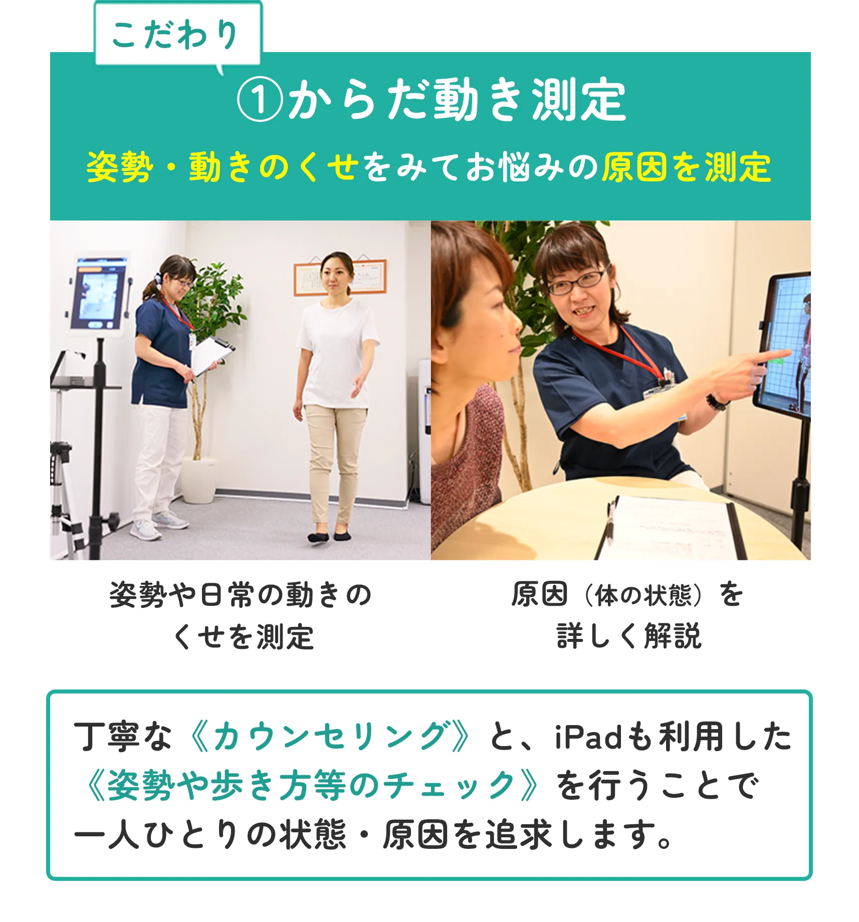 こだわり①からだ動き測定 姿勢・動きのくせをみてお悩みの原因を測定 姿勢や日常の動きのくせを測定 原因（体の状態）を詳しく解説 丁寧な《カウンセリング》と、iPadも利用した《姿勢や歩き方等のチェック》を行うことで一人ひとりの状態・原因を追求します。