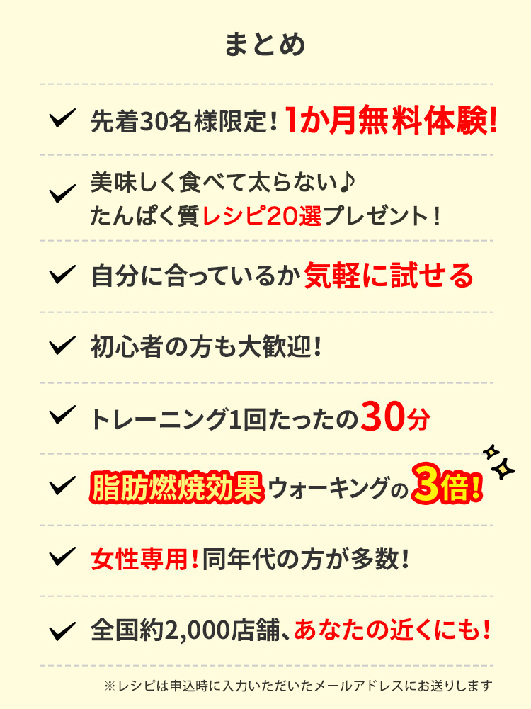 まとめ 先着30名様限定!１か月無料体験 自分に合っているか無料で試せる 初心者の方も大歓迎! トレーニング1回たったの30分 脂肪燃焼効果ウォーキングの3倍! 女性専用!同年代の方が多数! 全国約2,000店舗、あなたの近くにも!