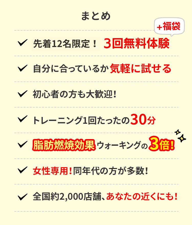 まとめ 先着12名様限定!3回無料体験 自分に合っているか無料で試せる 初心者の方も大歓迎! トレーニング1回たったの30分 脂肪燃焼効果ウォーキングの3倍! 女性専用!同年代の方が多数! 全国約2,000店舗、あなたの近くにも!